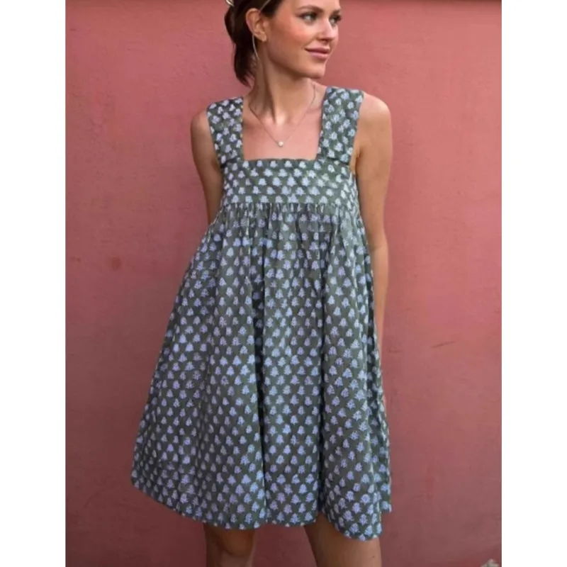 Mini abiti da donna con cravatta floreale sulla spalla Nuovo fiocco con collo quadrato Abito da babydoll Boho Flowy Vestito estivo 2025 Abiti estivi da spiaggia