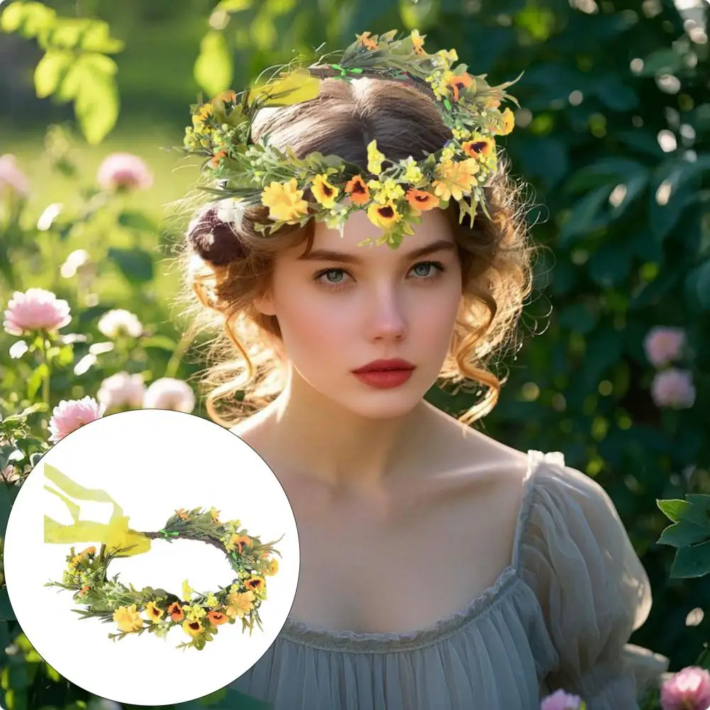 

Girls Wreath Headband Artificial Flower Leaves Decor Hairband Adjustable Ribbon Handmade Garland Weddings Festivals Decor
