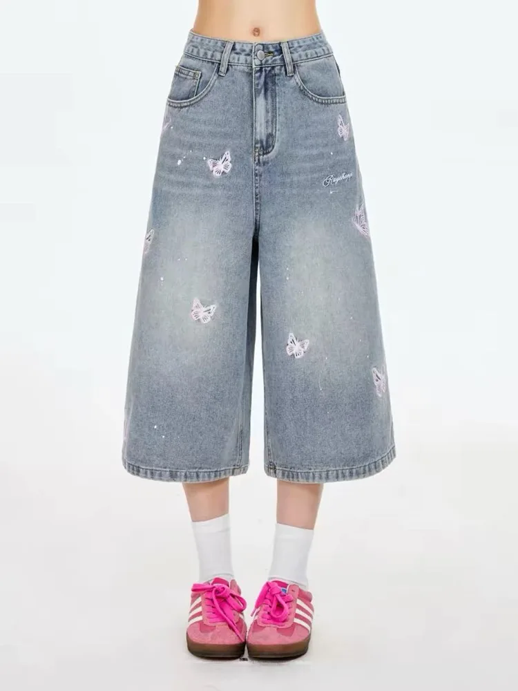 Summer Women's Butterfly Print Wide-leg Denim Shorts Cute Girl Calf-length Pant High Waist Half Trousers Female Retro Streetwear