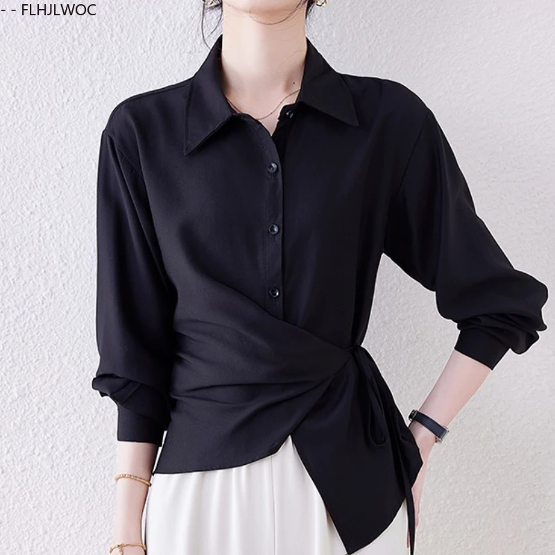 Tops de trabajo de algodón para ir al trabajo, blusas 2025, camisas elegantes negras de estilo francés para oficina para mujer, camisas elegantes de Corea con un solo pecho y botones