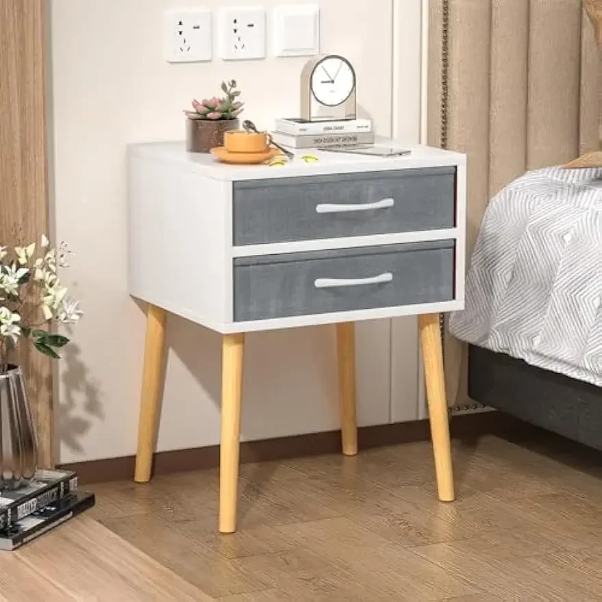 Nightstand with Drawer, Modern White Night Stand  Solid Wood Legs, Bedside Tables Bedroom  Side