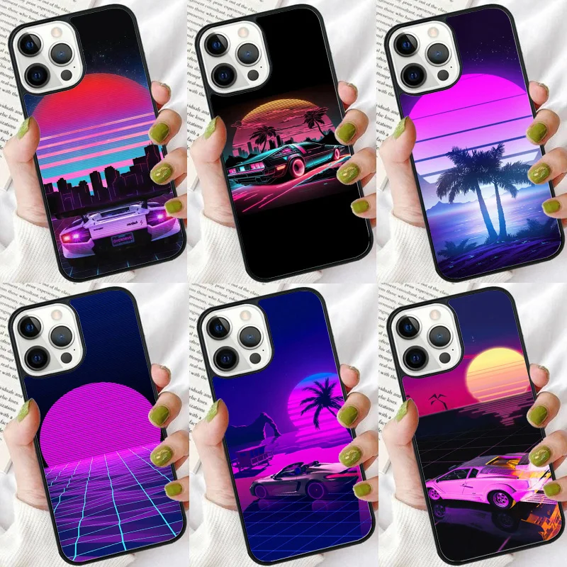 Synthwave 80's Retro Neon Phone Case For iPhone 16 15 14 plus XR XS 11 12 13 Pro max Soft Bumper Shell Cover coque