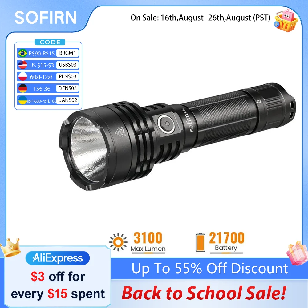 Lanterna Tática Potente SOFIRN C8L 21700 3100lm Recarregável USB-C XHP50D HI LED para Caça e Uso Externo