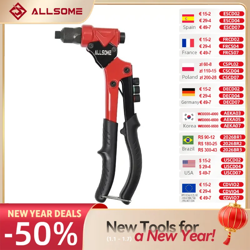 Allsom 360 ° Swivel Head Rivet Nut Gun 3 In 1 Hand Riveter Of Sleeve Nuts Threaded Tool For Auto M3/4/5/6 Multi Reaming