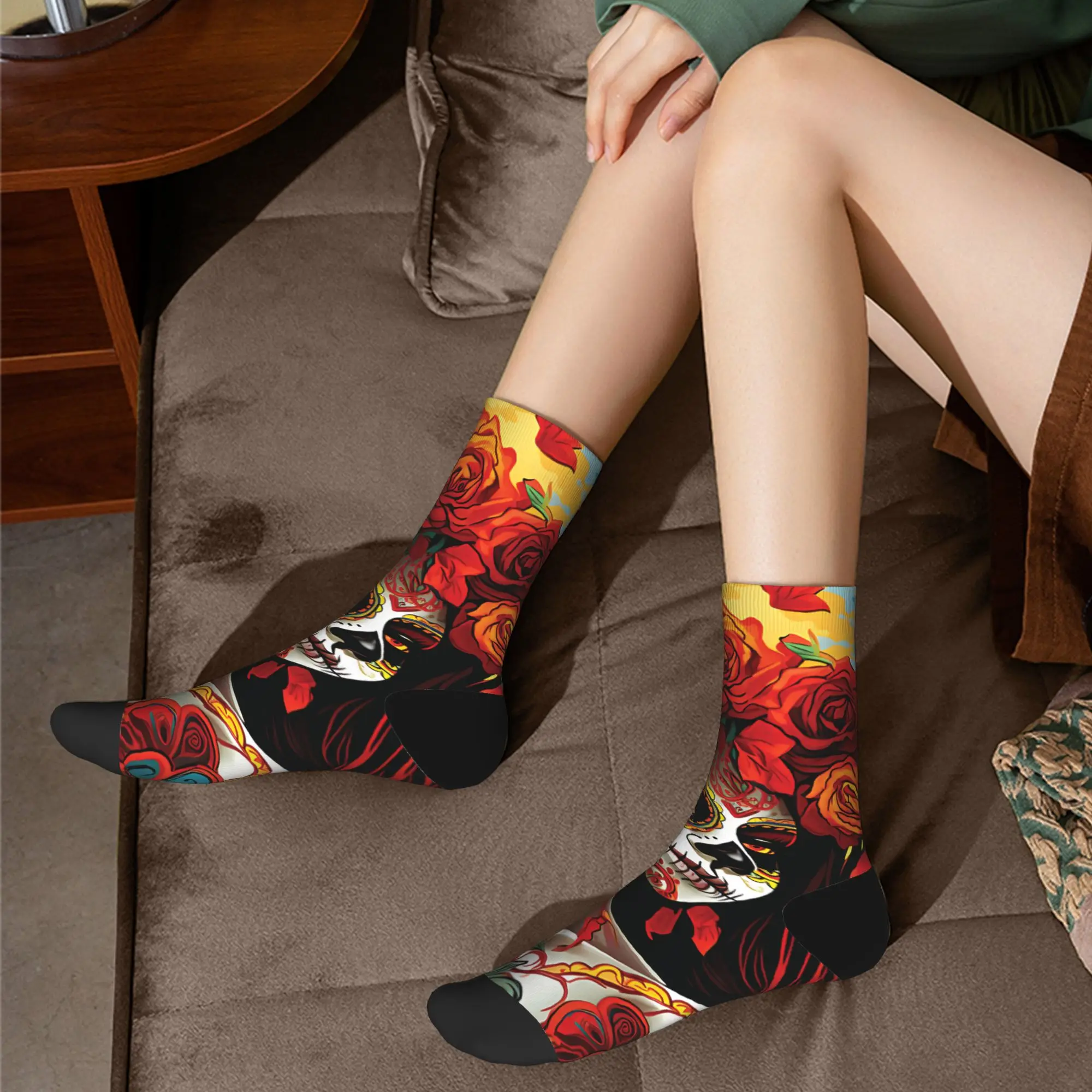 La Catrina Calavera Day of the Dead Носки на Хэллоуин Мужские забавные носки Harajuku Весна Лето Зима Средние чулки-трубы Подарок