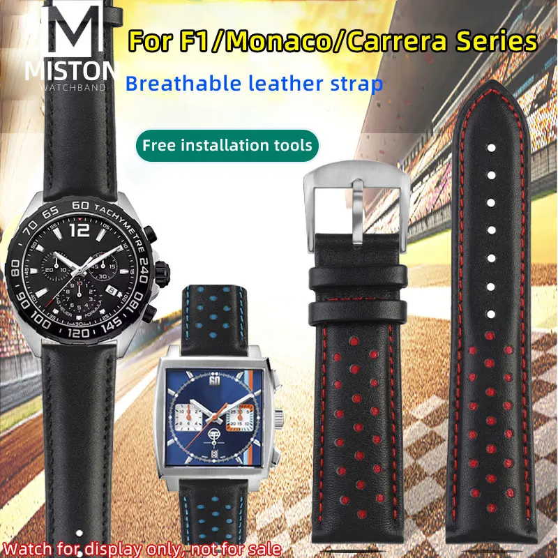 For TAG Heuer F1 leather strap 22 racing series men's watch belt Monaco Carrera colored porous cowhide replacement bracelet 22mm