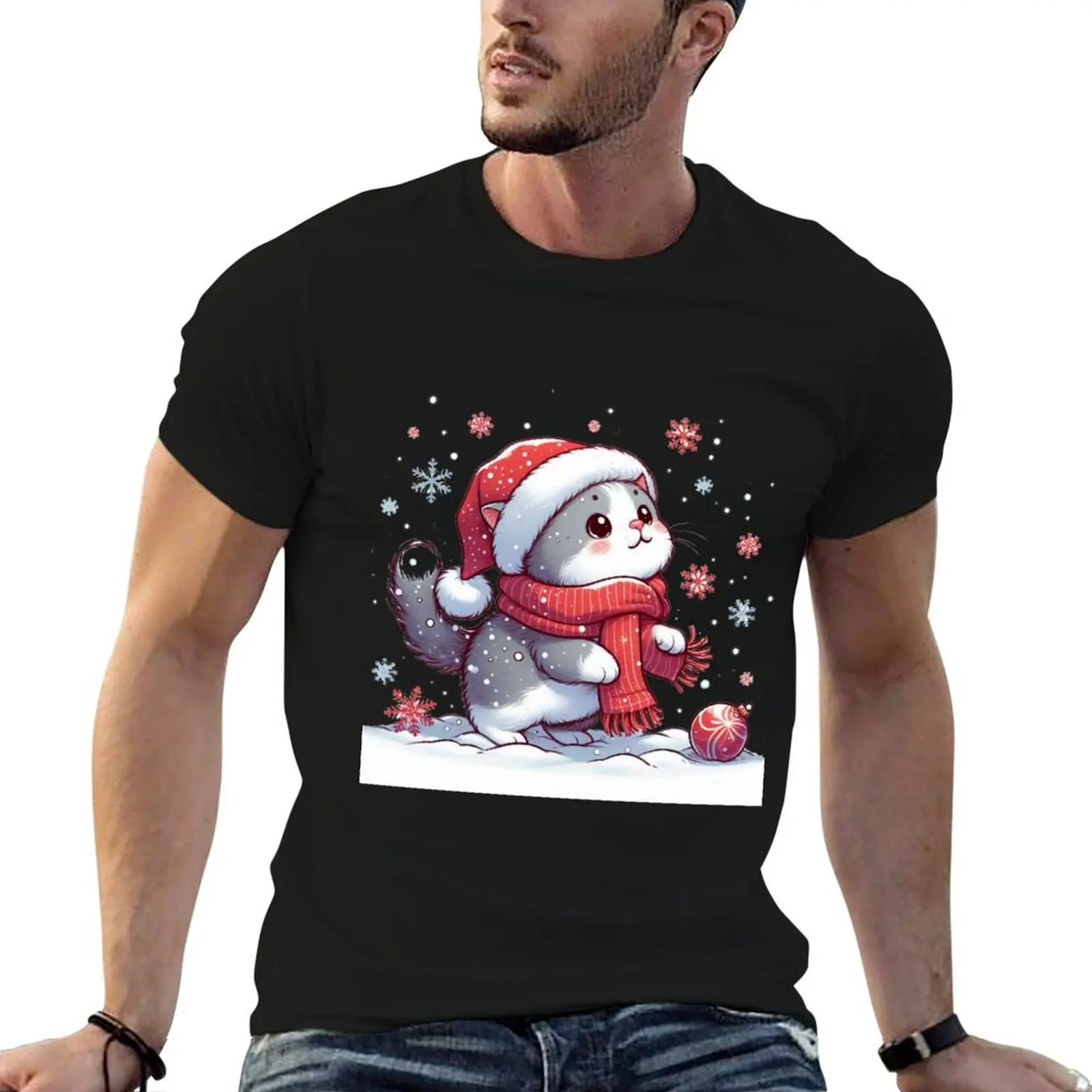 

Cozy holiday with cute christmas cat in santa hat with snowflake T-Shirt anime tshirt t shirt man casual T-Shirt