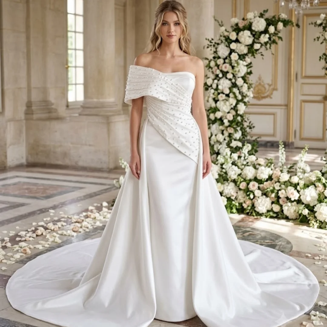 Customized Elegant And High-Quality Satin Wedding Dress With Pearl Detachable Trailing Transparent Shoulder Strap Bridal Skirt