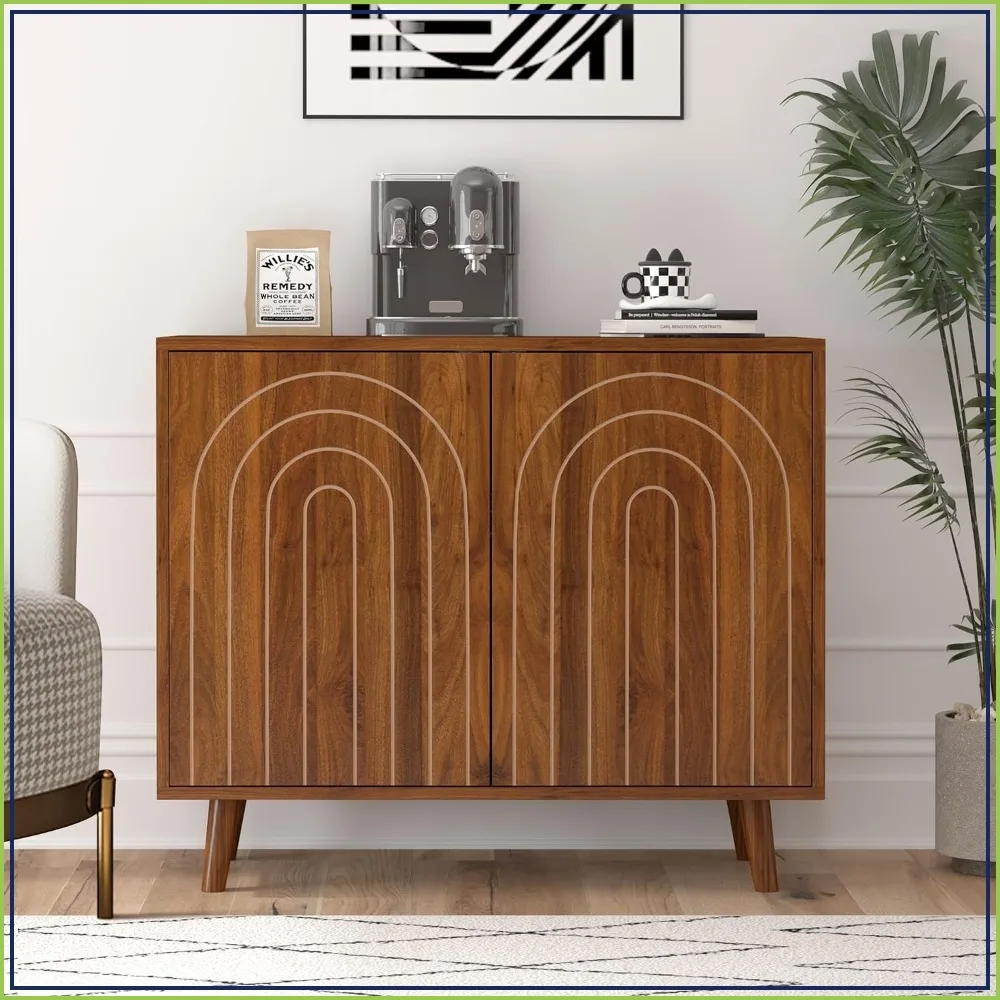 Accent Cabinet with Carving Lines, Modern Buffet Sideboard, Adjustable Shelves, Walnut, 1