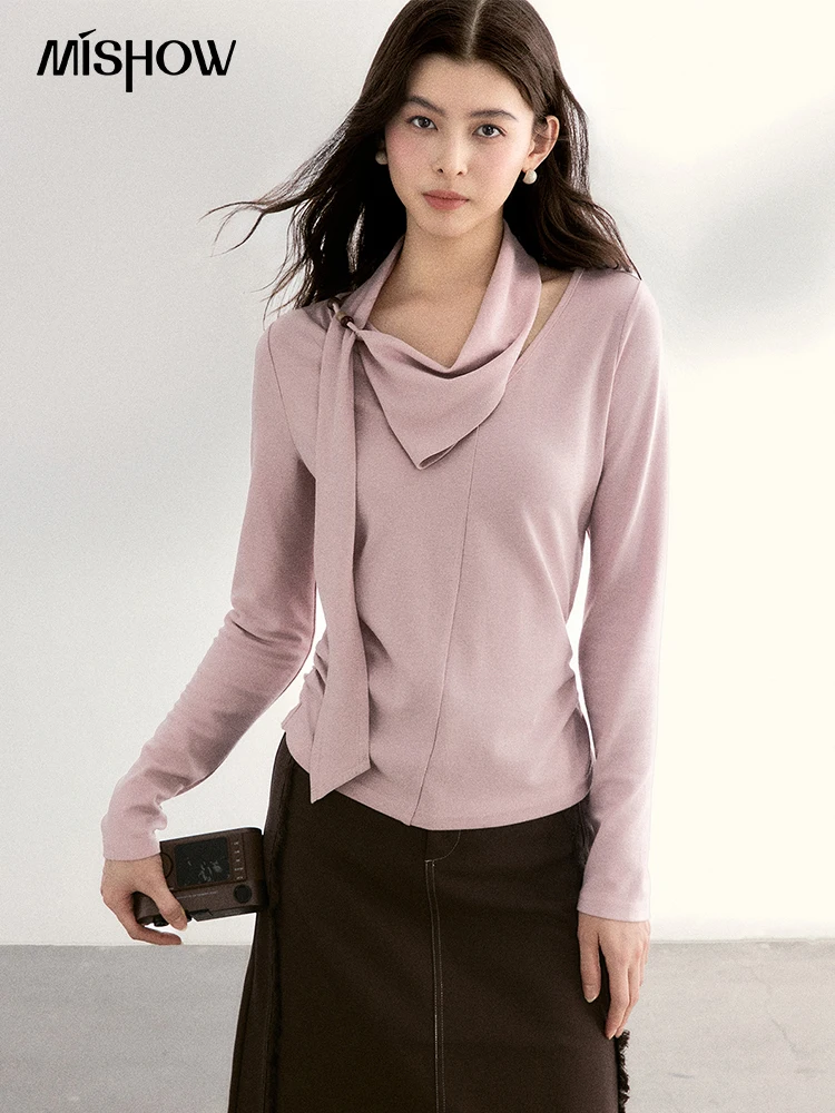 

Женский вязаный свитер MISHOW с длинным рукавом, розовый, с асимметричным вырезом и бусинами, коллекция Весна 2026, модель MXF108Z1025