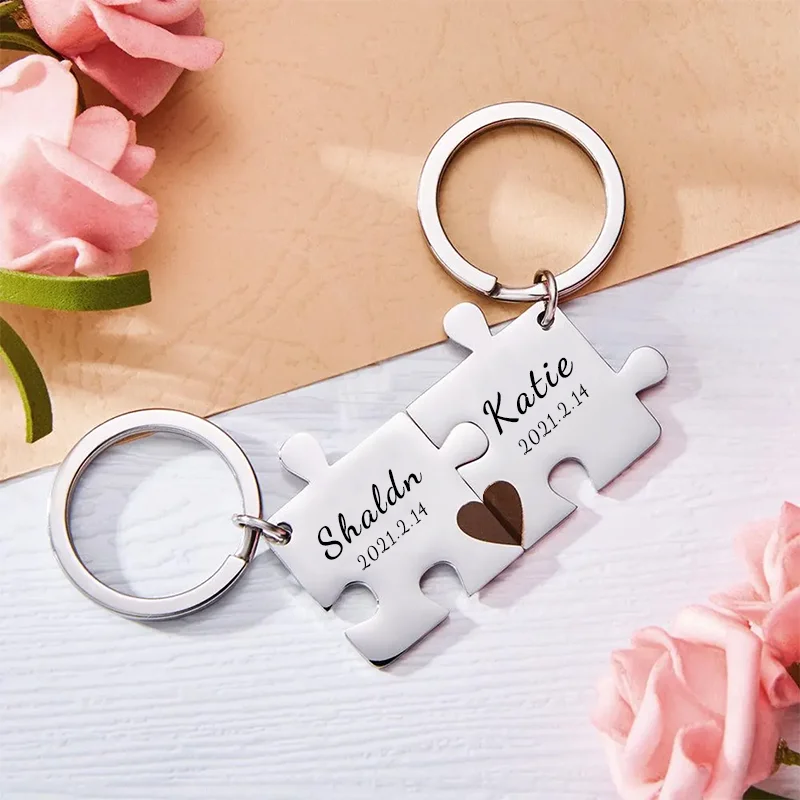 Custom Stainless Steel Puzzle Shape Couple Keychain/Valentine's Day/Christmas/Birthday Gifts