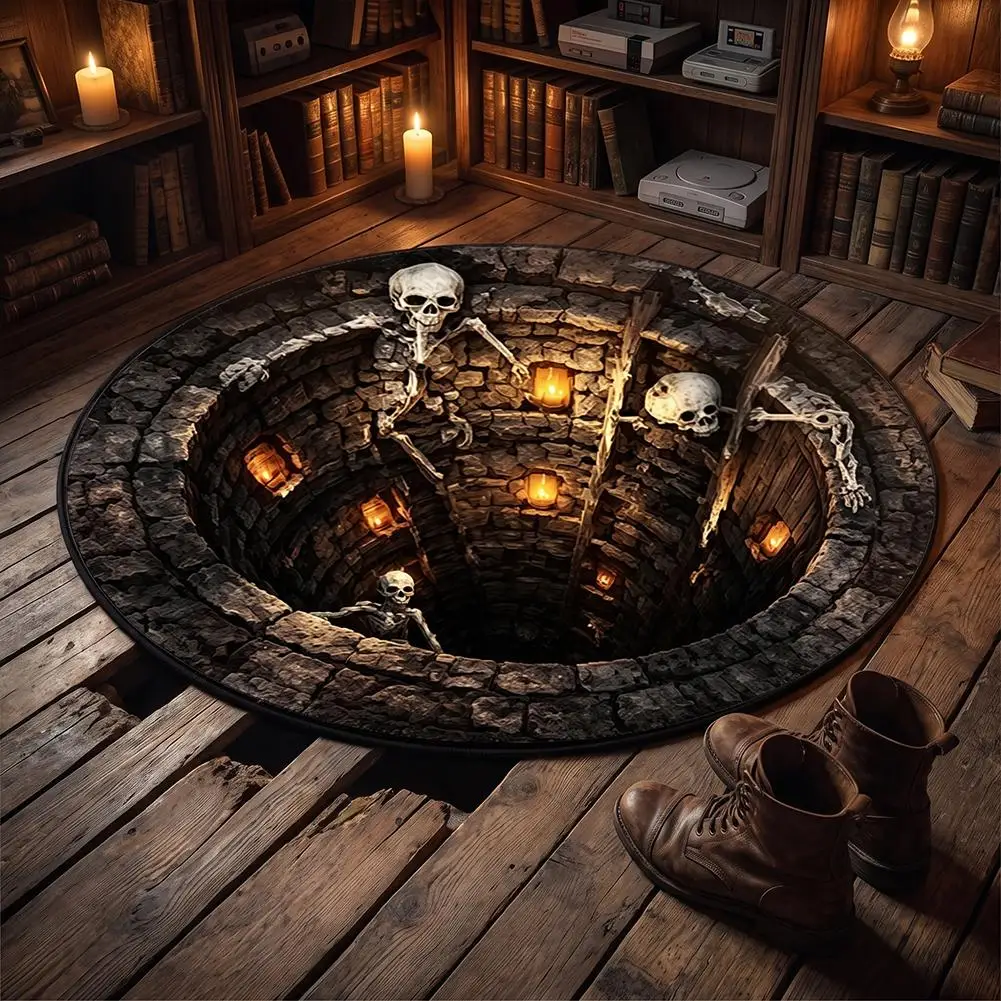 Halloween 3D Spooky Illusion Round Floor Mat Plush Velvet Horror Decor Rug for Bedroom Living Room Party Holiday Halloween Decor