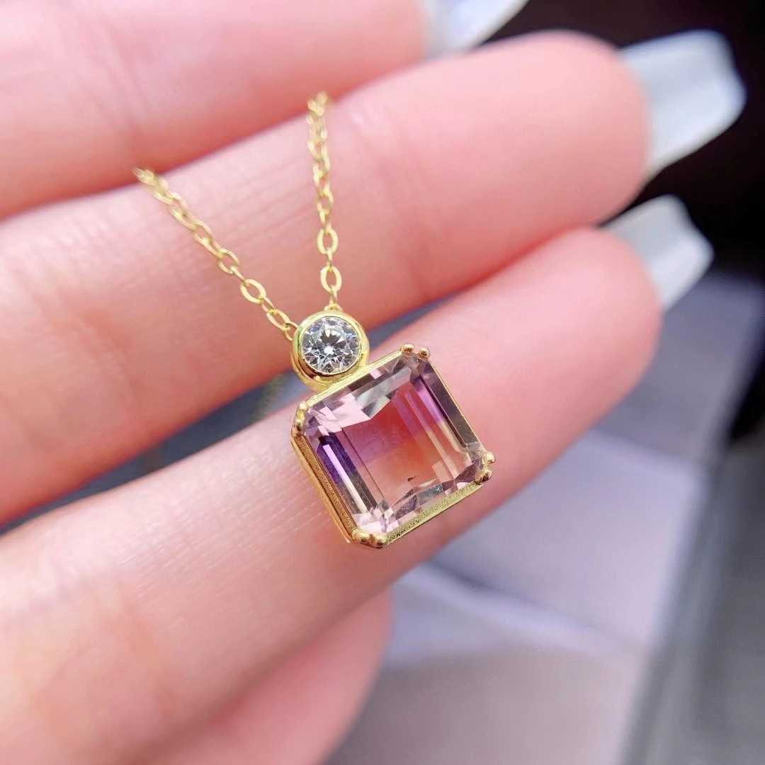 2ct Natural Ametrine Pendant with 3 Layers 18K Gold Plated 8mm*8mm VVS Grade Ametrine 925 Silver Pendant Birthday Gift for Woman