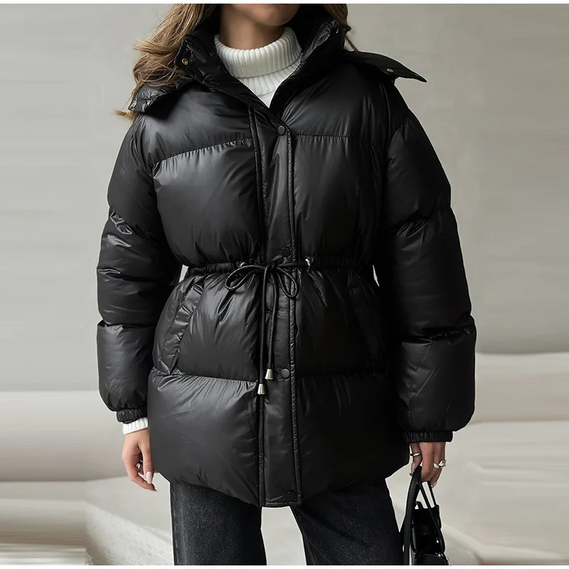 Hooded Women's Winter Jacket Zipper Drawstring Puffer Coat Shiny Thickened Bubble Coat Detachable Hood Mid Length Cotton Coat