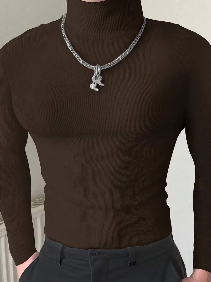 Men's Black Ribbed Turtleneck Long Sleeve Pullover for Fall Casual Wear