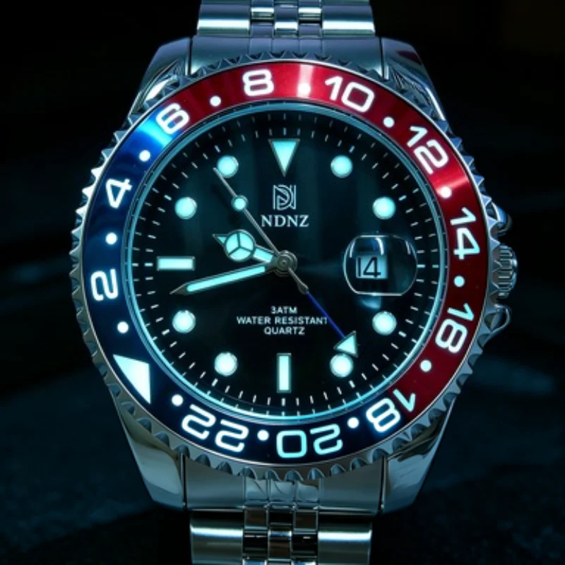 2026 Men's GMT Style Quartz Watch, 3ATM Waterproof Stainless Steel Strap, Black and Red Bezel Luminous Watch with Date Display