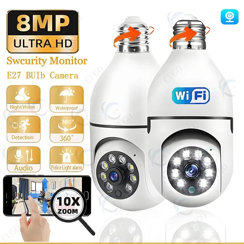 Cámara IP Wifi de 8MP, vigilancia inalámbrica, bombilla E27, seguimiento automático, visión nocturna en Color, Zoom 10X, detección humanoide AI, Monitor de bebé