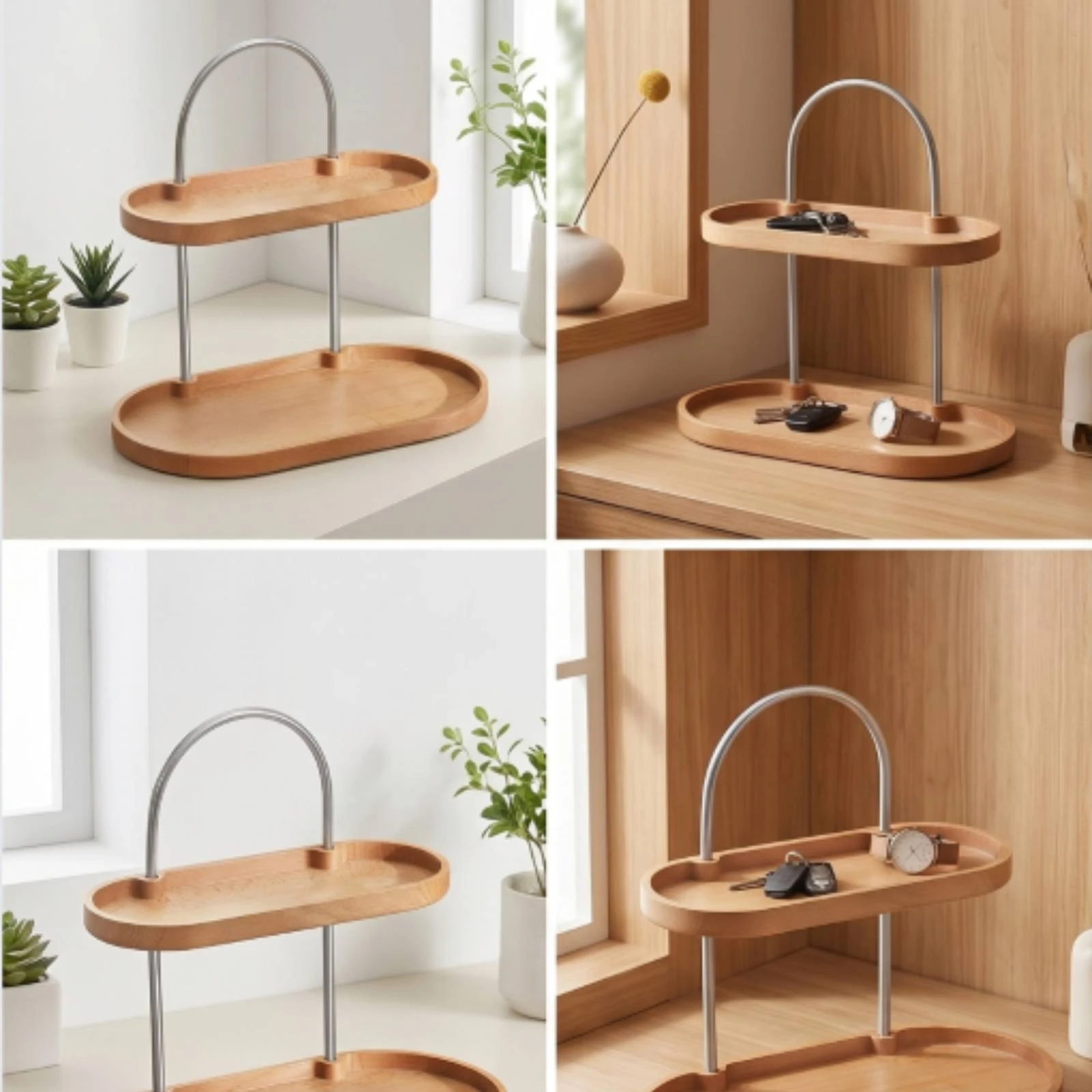 Two-Tier Rack with Wooden Trays Double-Layer Countertop Storage Shelves Tabletop Rack Tiered Countertop Organizer Compact
