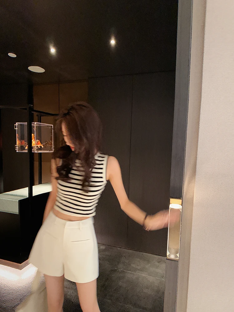 

Bigyu Simple Basic Striped Design Women's Svel Knitted Vest Summer New Commute Sle Slim Fit ort Length Top