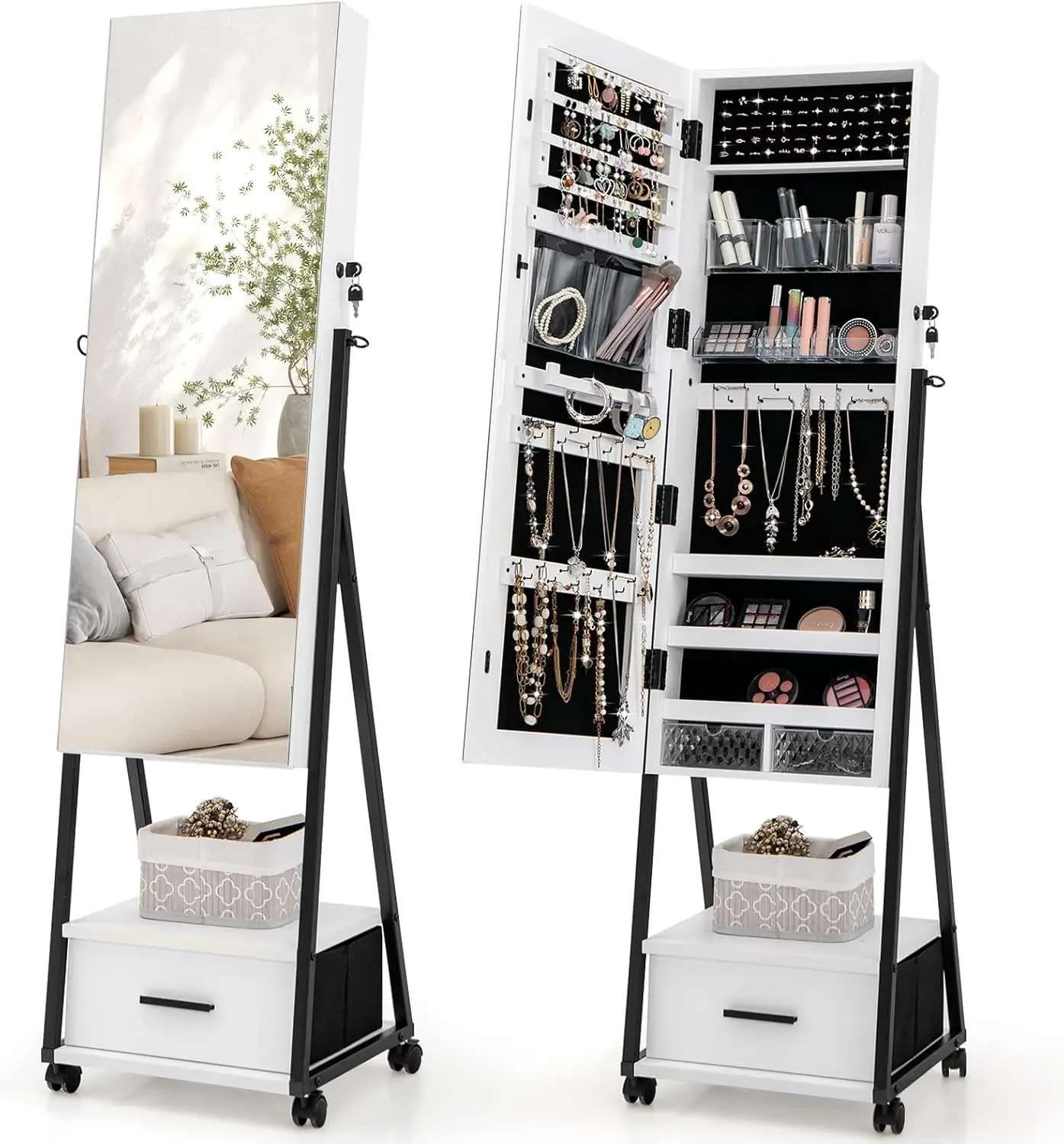 Floor Standing Lockable Jewelry Cabinet with Wheels, Drawers & Shelves, Large Capacity Jewelry Box Organizer(White)