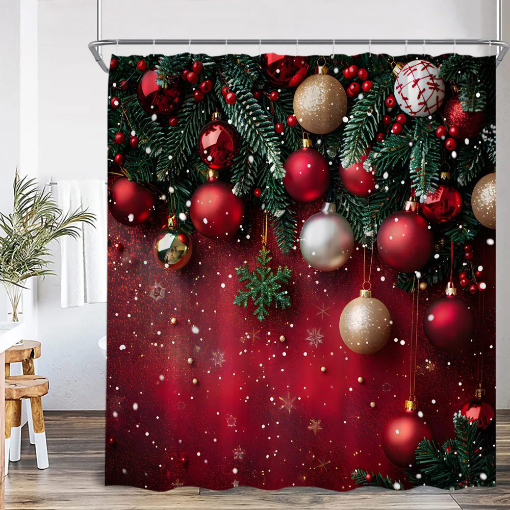 Chritsmas Shower Curtain Red Silvery Ball Xmas Balls Snowflake Pine Leaves Merry Christmas Winter Polyestert Bath Curtain Decor