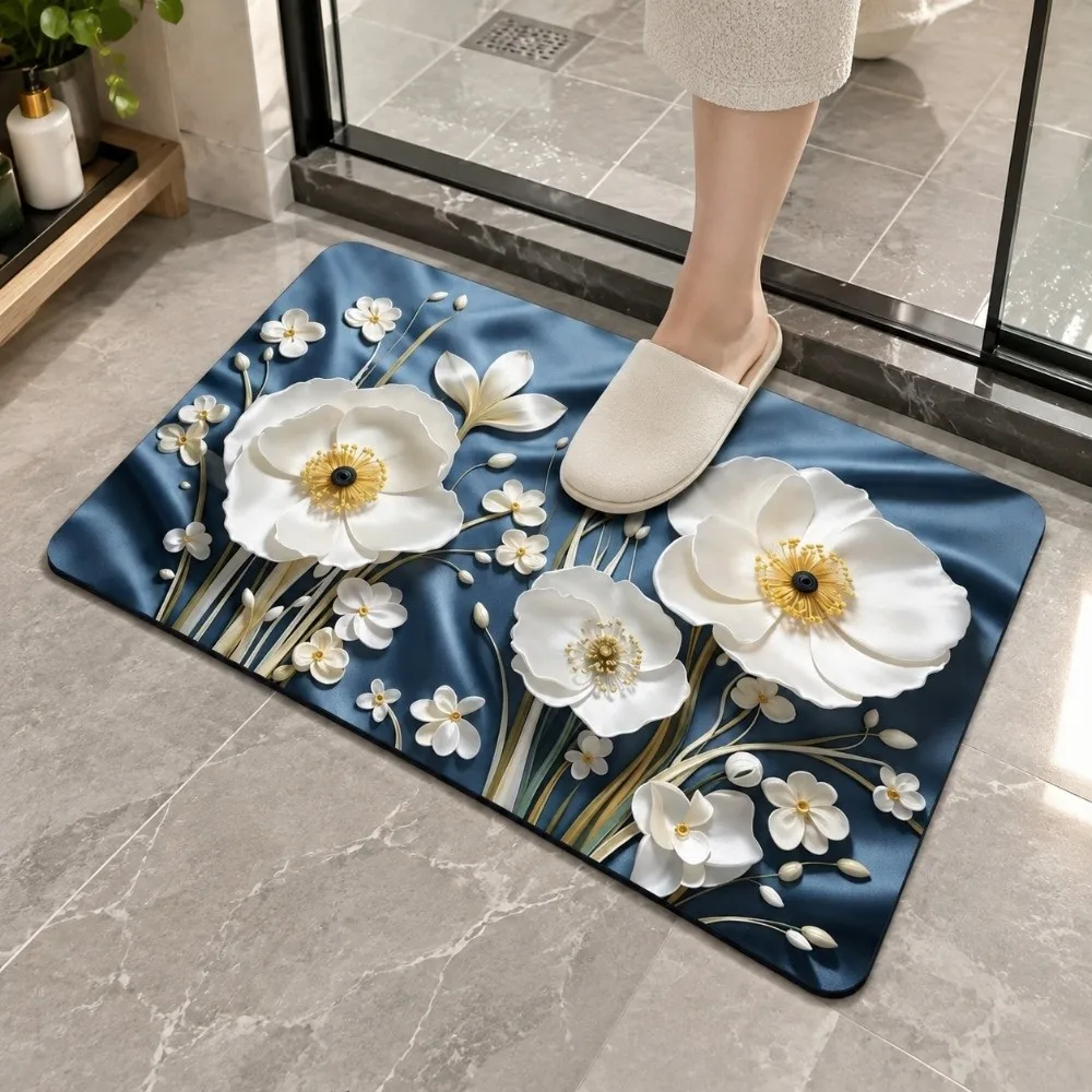 New Quick Dry Floral Pattern Rug Non Slip 40×60CM Bath DoorMat Lifelike Visuals Diatom Mud Bedroom Floor Mat Entryway Decor
