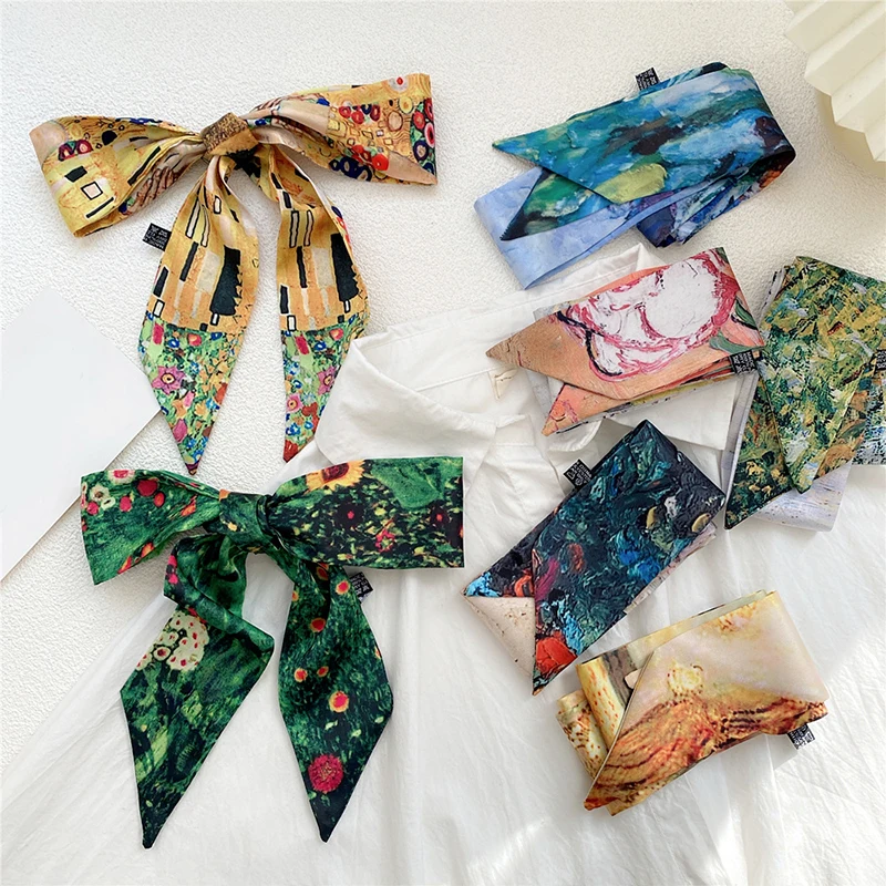 

Long Oil Painting Print Small Silk Scarf Fashion Head Ribbons Scarf Small Silk Scarves For Women Hair Bag Handle Decoration