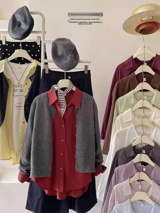 

Elegant Purple Long Sleeve Women's Shirt Comfortable Loose Pure Color Inner Wear Korean Style Spring Fashion New Arrival