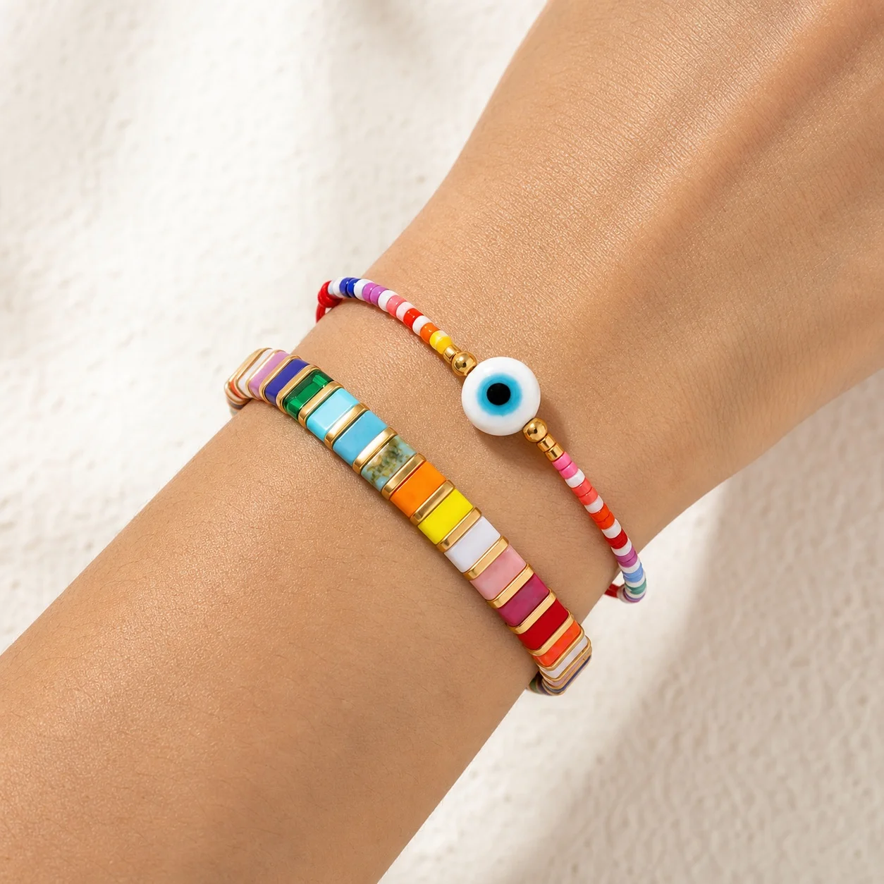 2pcs Women's Bohemian Colorful Glass Beaded Evil Eye Geometric Strand Bracelet with Copper Details Adjustable Lace-Up Closure
