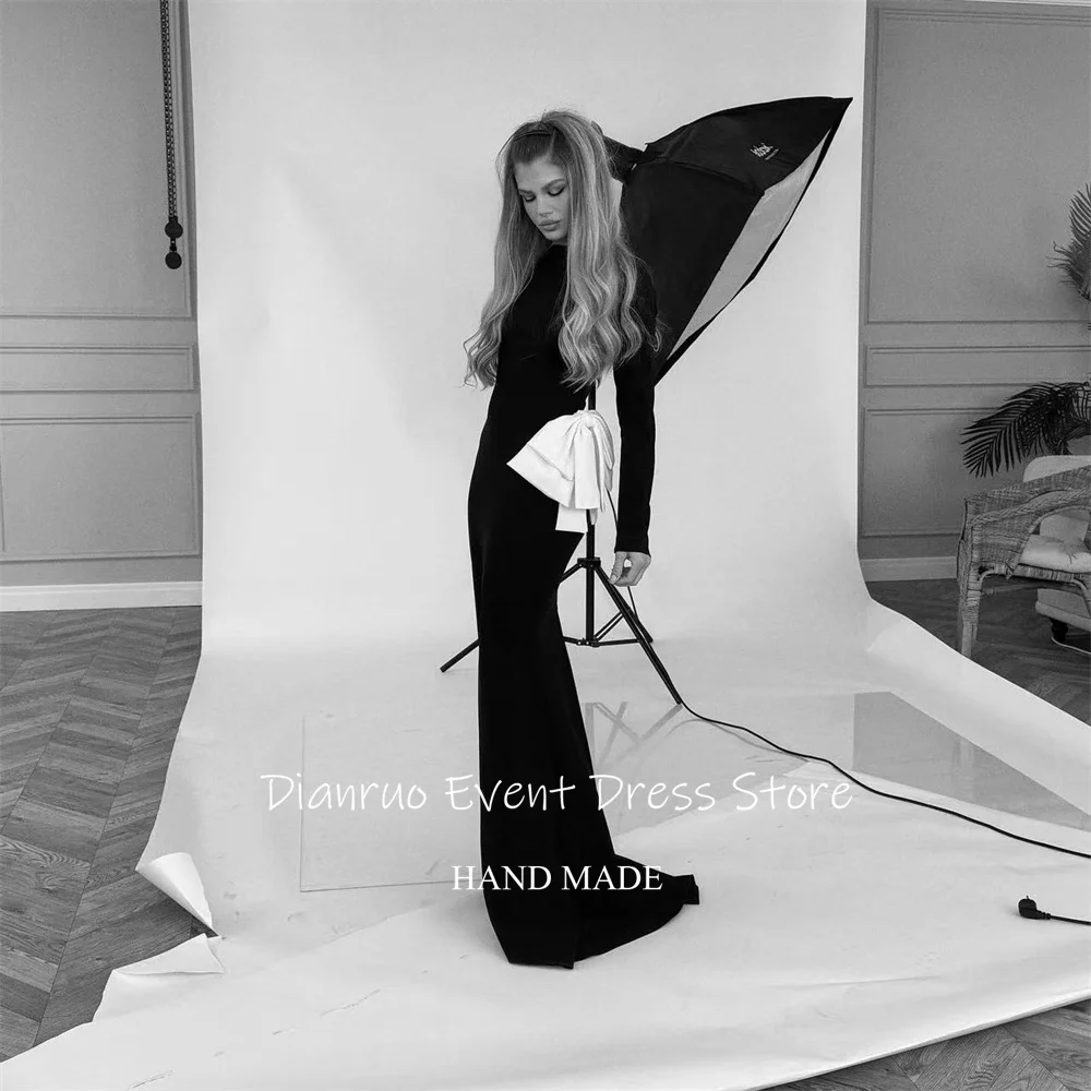 Dianruo Элегантные черные атласные вечерние платья Длинные платья с круглым вырезом Robes De Soirée Русалка с бантом Vestido De Fiesta по индивидуальному заказу
