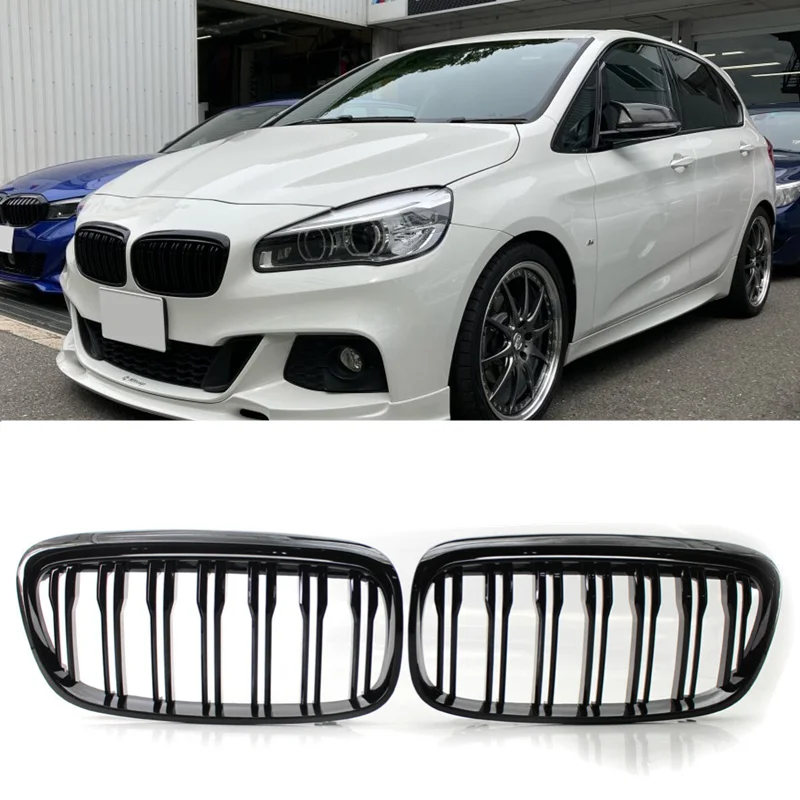 

Pair Double Slat Kidney Grille Front Bumper Grill For BMW F45 F46 Tourer Pre-facelift 2014-2017 Gloss Black Car Accessories