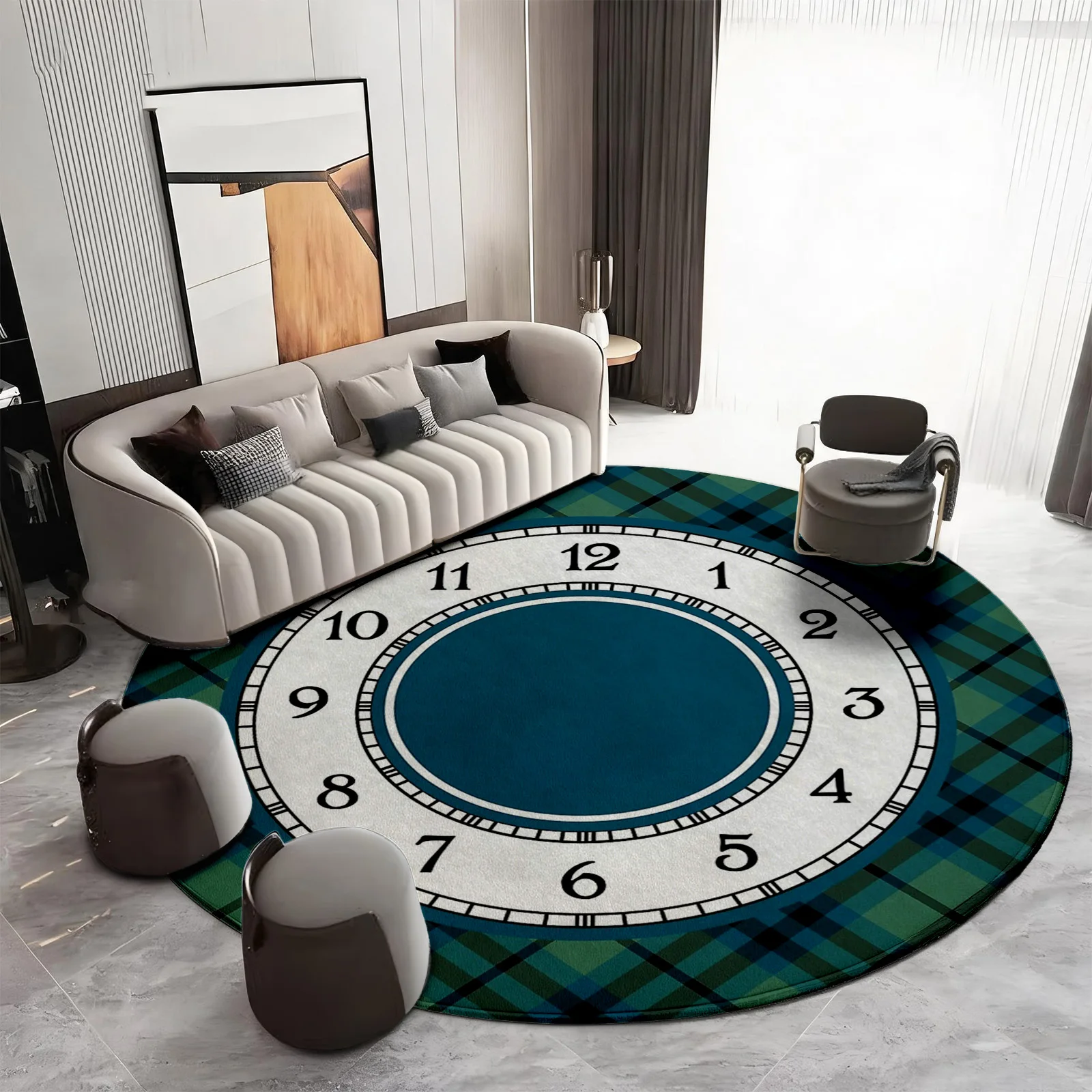 Modern Round Clock Face Area Rug for Living Room Decor Blue Green Teal Timepiece Design Mat Stylish Floor Carpet