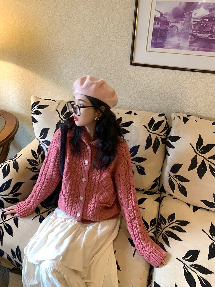 

Fufufun Heavy Industry Sle Sweet Retro Collar Knitted Sweater Plum Plum Wine Crtsmanip Long Sve Loose Fit Cardigan