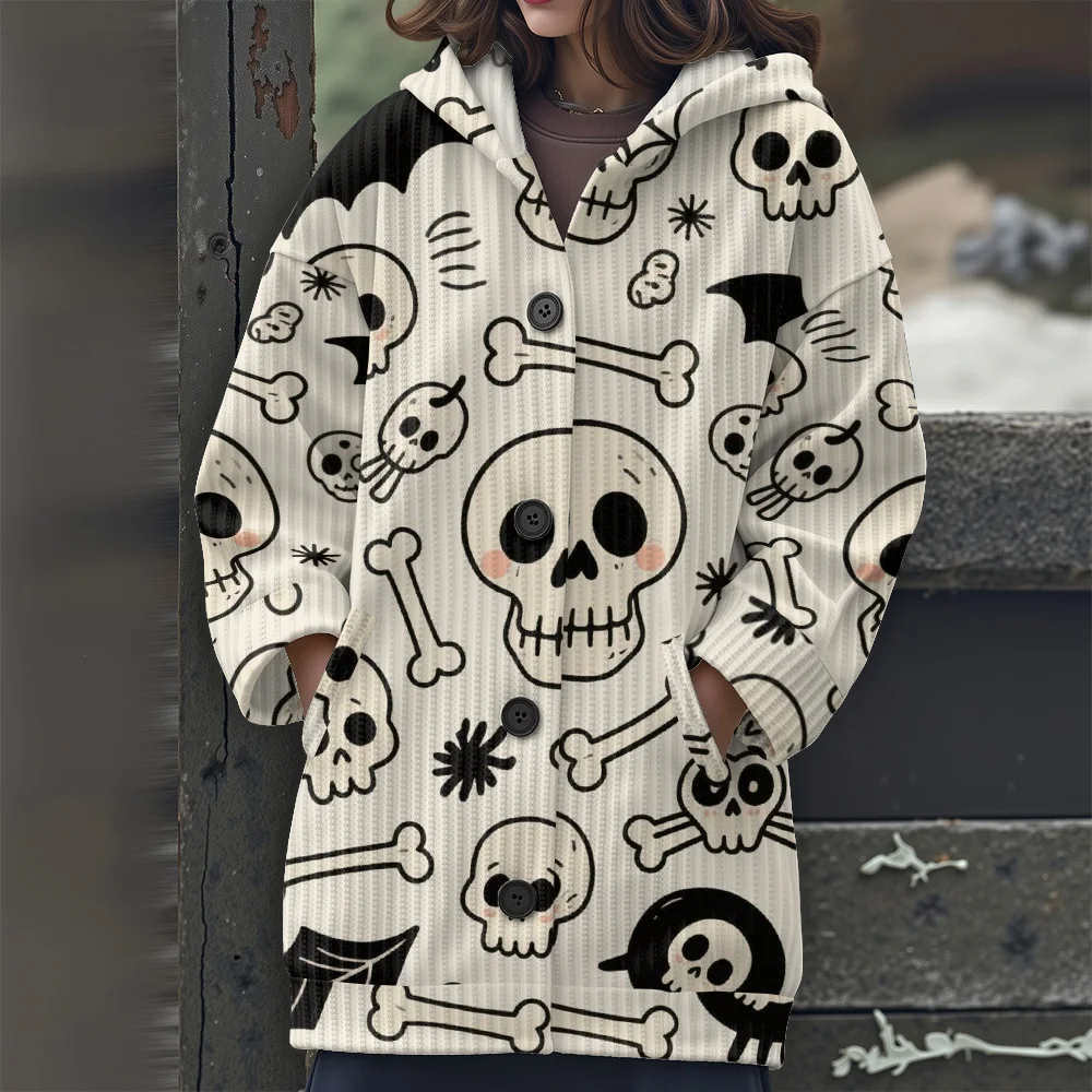 เสื้อสเวตเตอร์ลายฮาโลวีน เสื้อสเวตเตอร์ตัวยาว เสื้อผ้าลำลอง 2025 เสื้อสเวตเตอร์ลำลองผู้หญิงแบบใหม่ เสื้อสเวตเตอร์มีฮู้ดสำหรับงานเทศกาลและปาร์ตี้