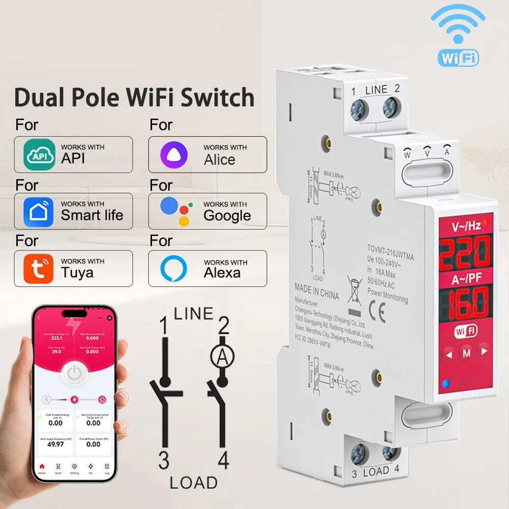 

Релейный переключатель Wi-Fi 16A для Tuya 2P 18 мм DIN-рейка с защитой от перенапряжения и функцией самовосстановления