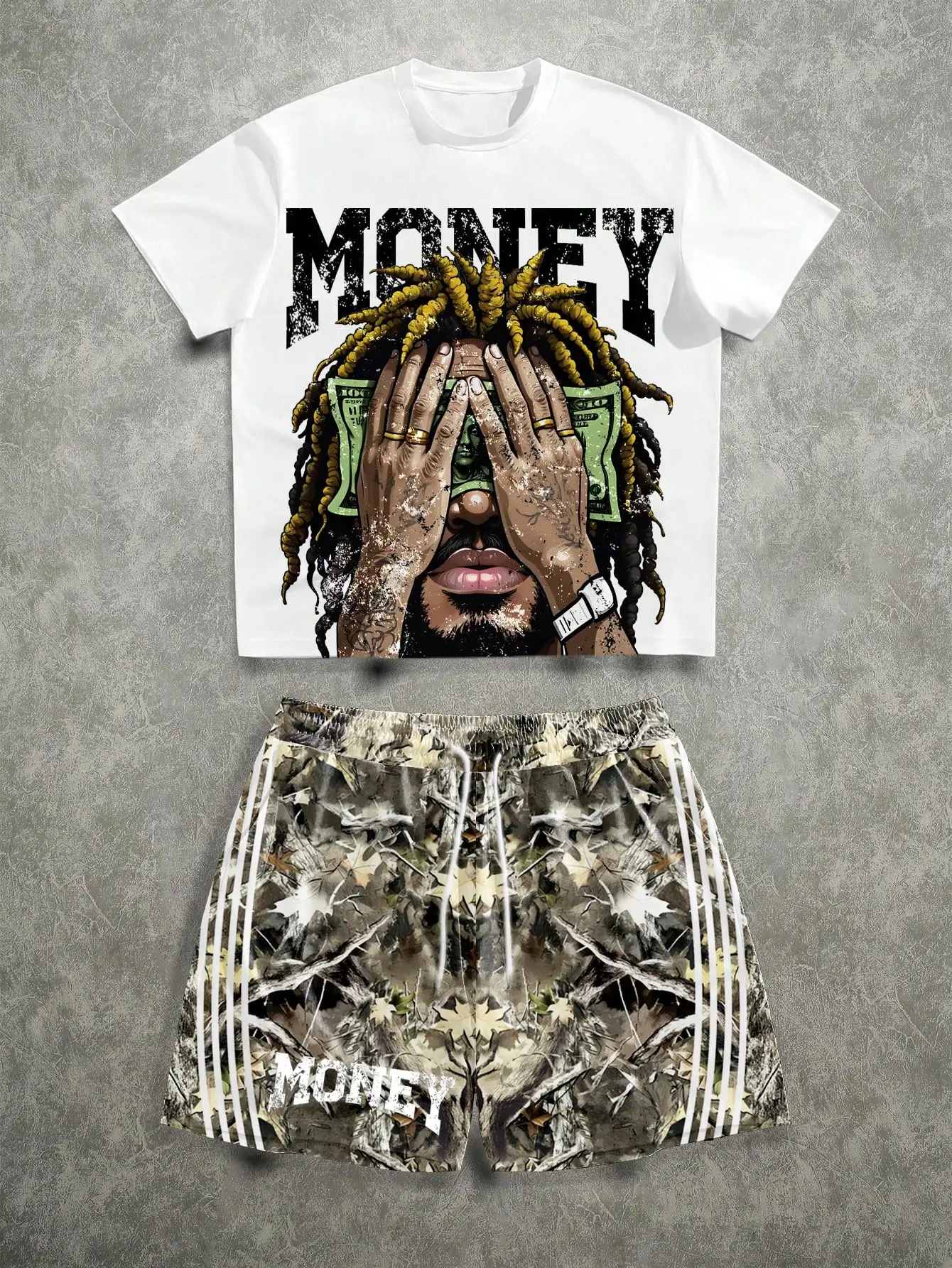 

Men's Street Style Loose Hip Hop Money Character Camo Striped T-Shirt And Shorts Set