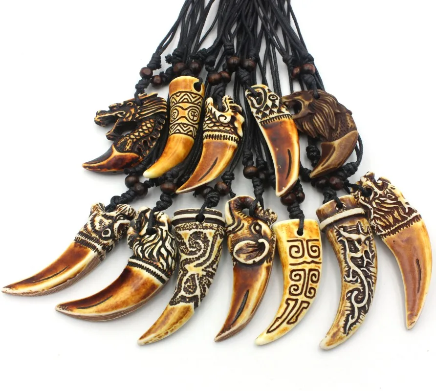 Wholesale 12pcs Mixed Cool Imitation Bone Carved Dragon Totem Shark/Wolf Tooth Pendant Necklace Amulet MN465