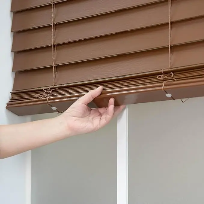 Brown Spring-Operated Mnual Wooden Blinds Light Adjustable Child Safe Waterproof  Shades Moisture-proof For Residential Rooms