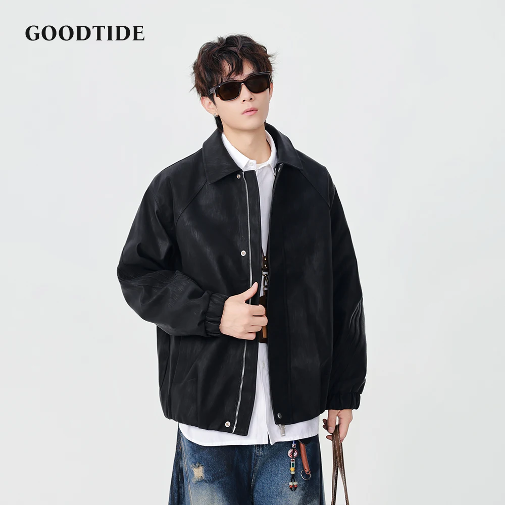 

Модная мужская куртка из искусственной кожи с лацканами, свободное пальто из искусственной кожи, повседневная уличная одежда, модная модная дизайнерская верхняя одежда на молнии для мужчин
