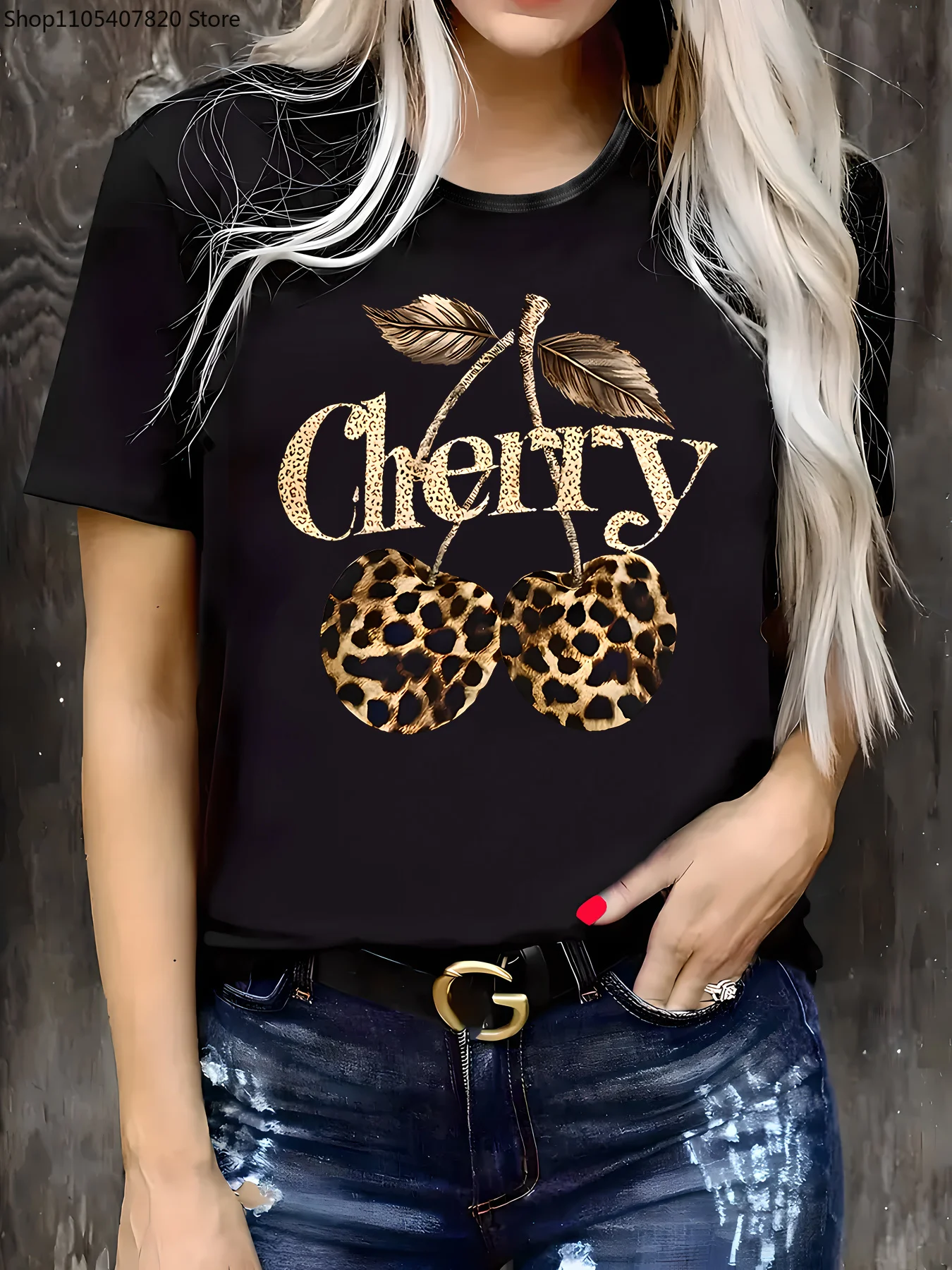 Modisches T-Shirt mit Kirschdruck für Damen, trendiges, lässiges T-Shirt, lustiges Kurzarm-Rundhals-Oberteil, lässiges Top für Sommer und Frühling, Damenbekleidung