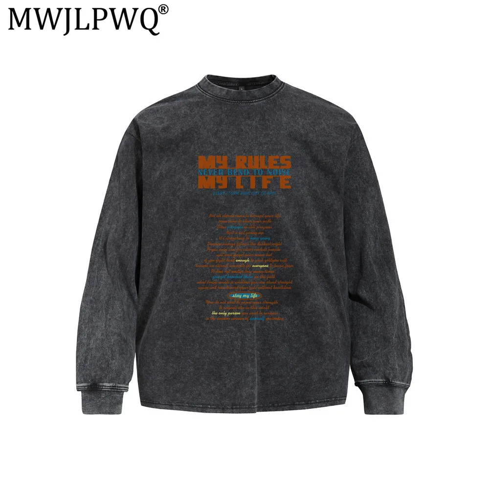 MWJLPWQ Distressed Vintage-Style Cotton Long-Sleeve T-Shirt Letter Print Loose Fit Round Neck Washed Men's Spring Autumn 20624