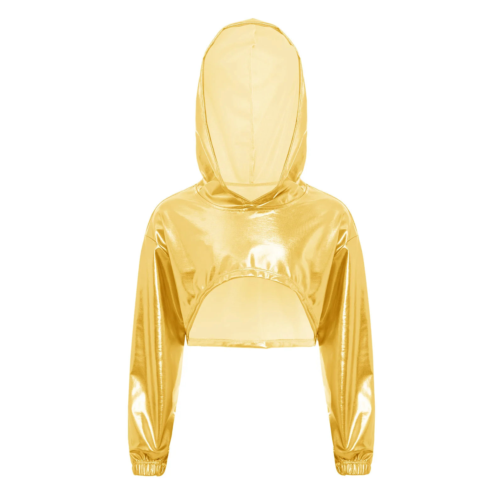 Kids Girls Hoodie Hip-Hop Jazz Dance Performance Costume Metallic Long Sleeve Asymmetrical Hem Cropped Hooded Top Streetwear