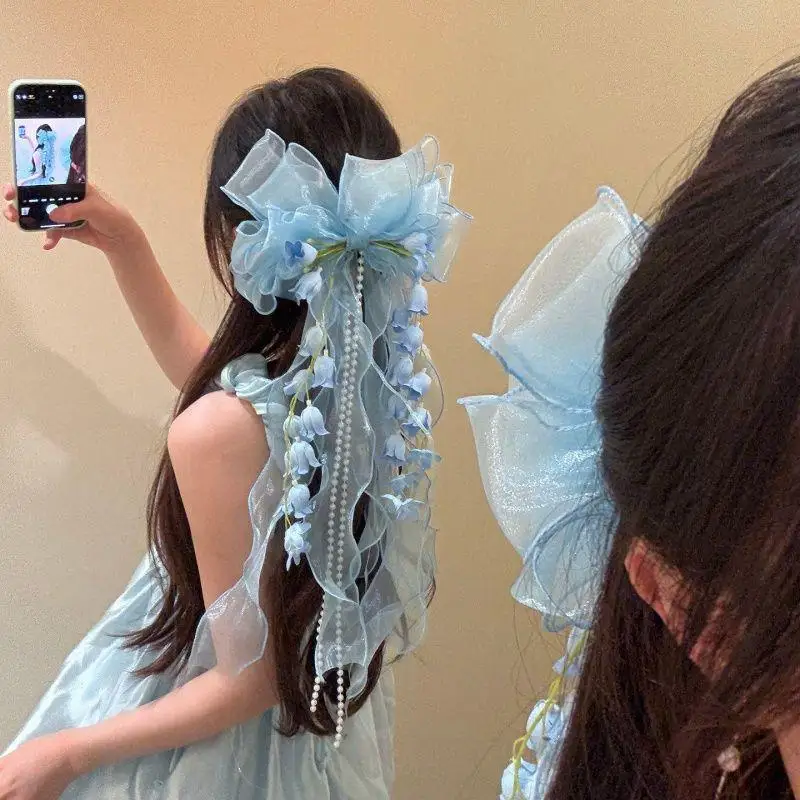 Girls Wedding Party Hair Clip with Charming Mesh Bow and Tassel Design