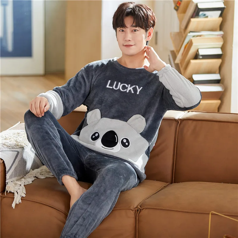 2PCS/Set Autumn and Winter Thickened Warm Coral Velvet Men Pajamas Long-Sleeved Loungewear Soft Casual Plus Size O-neck Homewear