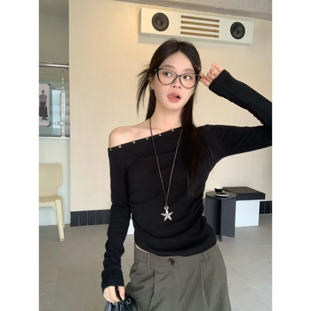 

Women's Slim Fit Long Sleeve T-Shirt 260g Cotton Modal Black Rivet Oblique Shoulder Top American Style Base Shirt