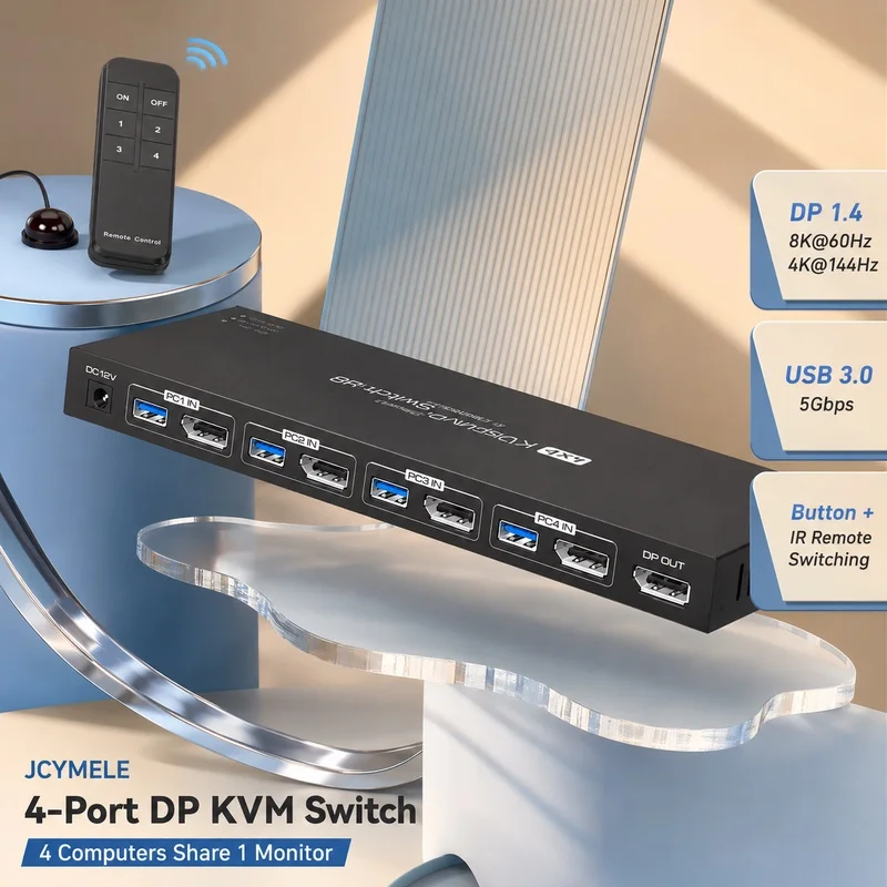 4-PC to 1-Monitor DP KVM Switch 8K 60Hz DP1.4, USB 3.0 Sharing Hub with HDCP 2.3 Support for Keyboard Mouse Monitor JCYMELE