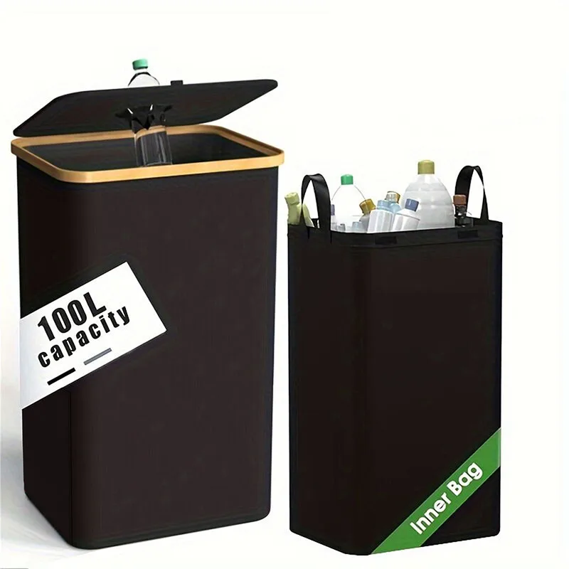 

100L Recycling Bin Foldable Large Portable Recycling Storage Box with Reusable Inner Bag For Recycle Bottle Cans Glass Cartons