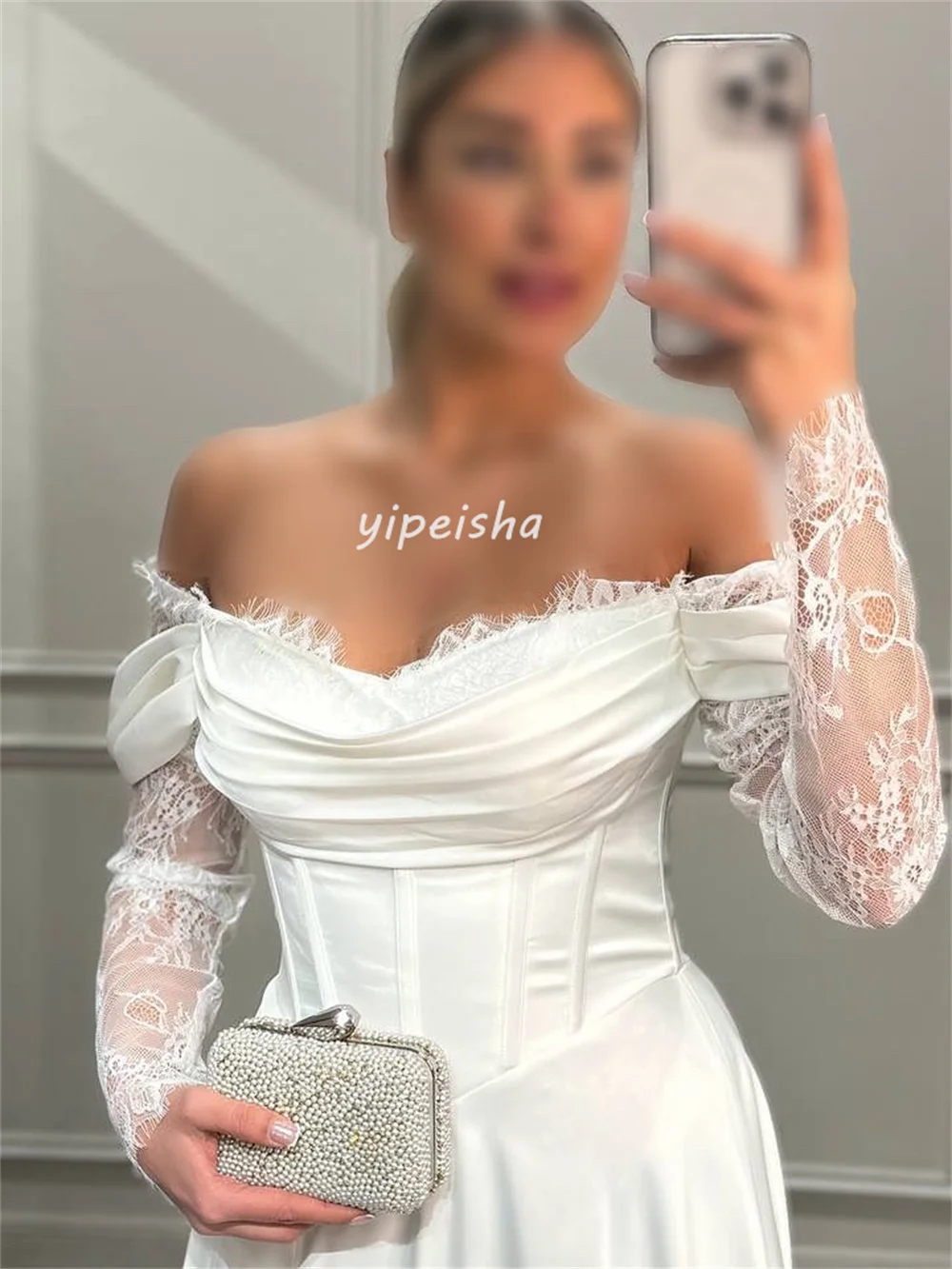 맞춤형 고급스러운 클래식 시폰 플리츠 드레이프 레이스 A라인 오프숄더 롱 드레스 맞춤형 행사 드레스 캐주얼 섹시