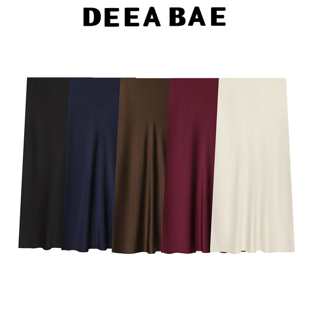 

DEEABAE Winter new European and American style A-line high waisted mid length skirt with silk satin texture MIDI skirt