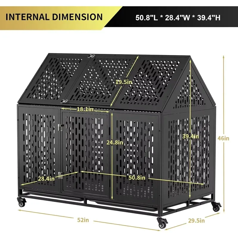 52 Inch Heavy Duty Alloy Steel Dog Crate Indestructible & Escape-Proof Open Roof Wheels Extra Large for Giant Dogs Indoor Use